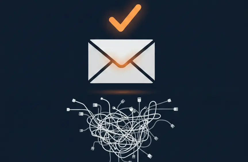 Flat illustration showing a simple email icon floating above complex tangled ERP wires on dark navy background with orange accents