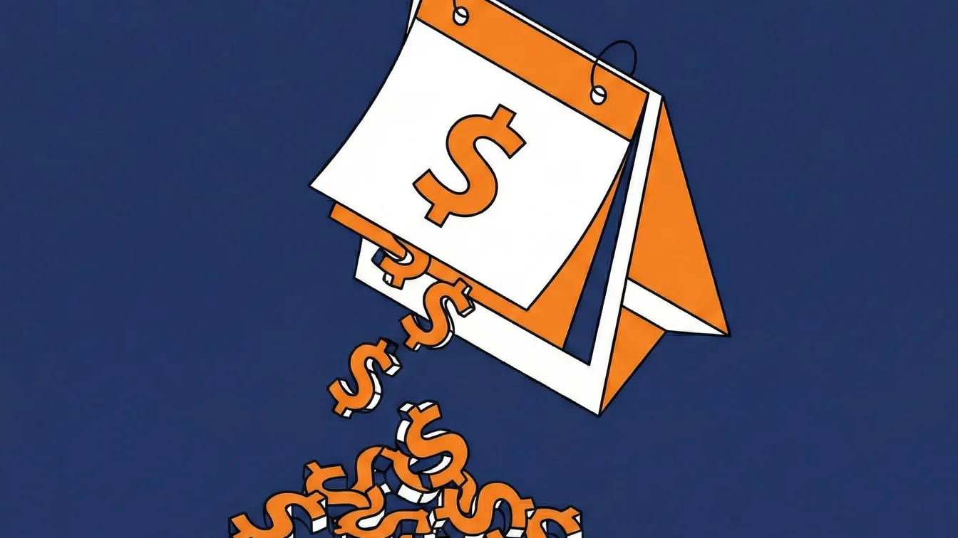 Flat illustration of a desk calendar with dollar signs falling out like sand in an hourglass on navy blue background