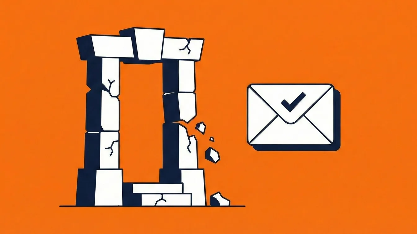 Flat illustration of a crumbling stone portal gateway next to a floating email envelope with checkmark on orange background