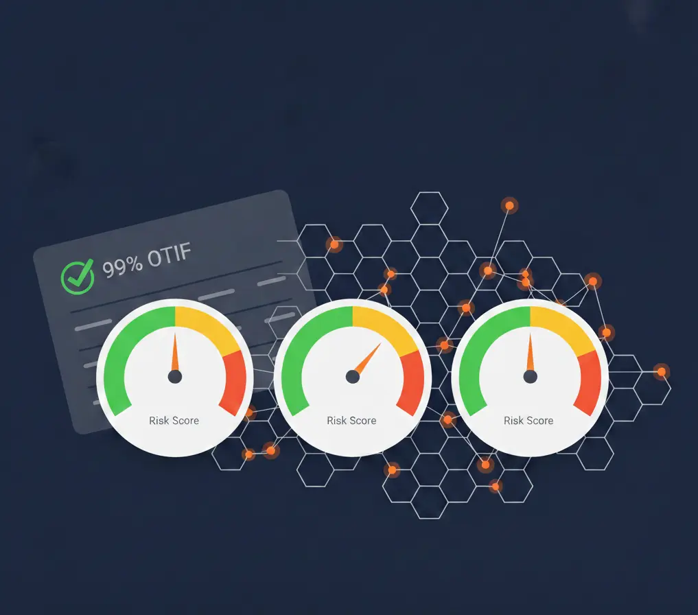 Flat vector illustration of a modern predictive dashboard with three circular risk gauges connected to an abstract hexagonal network grid showing supplier nodes with pulsing orange warning signals, contrasting with a faded traditional percentage scorecard in background, on dark navy background